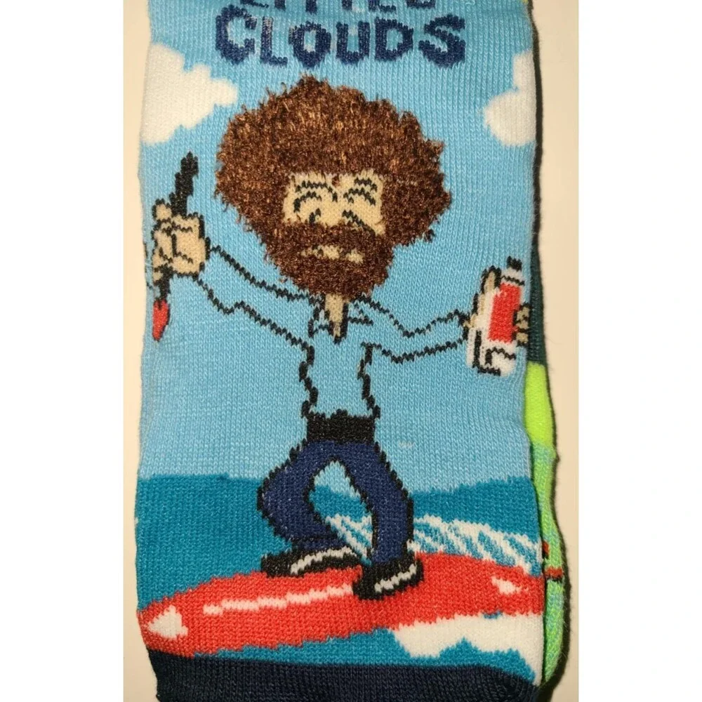 Bob Ross Socks 2 Pairs NIB NEW Happy Little Clouds Unisex Men 8-12 Women 9-14